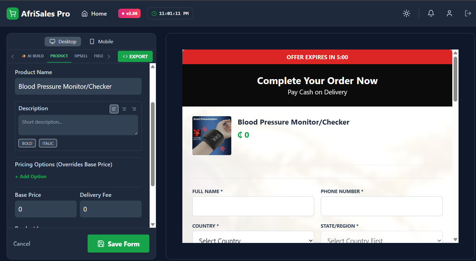 AfriSales Pro order form builder — dark mode, with live preview