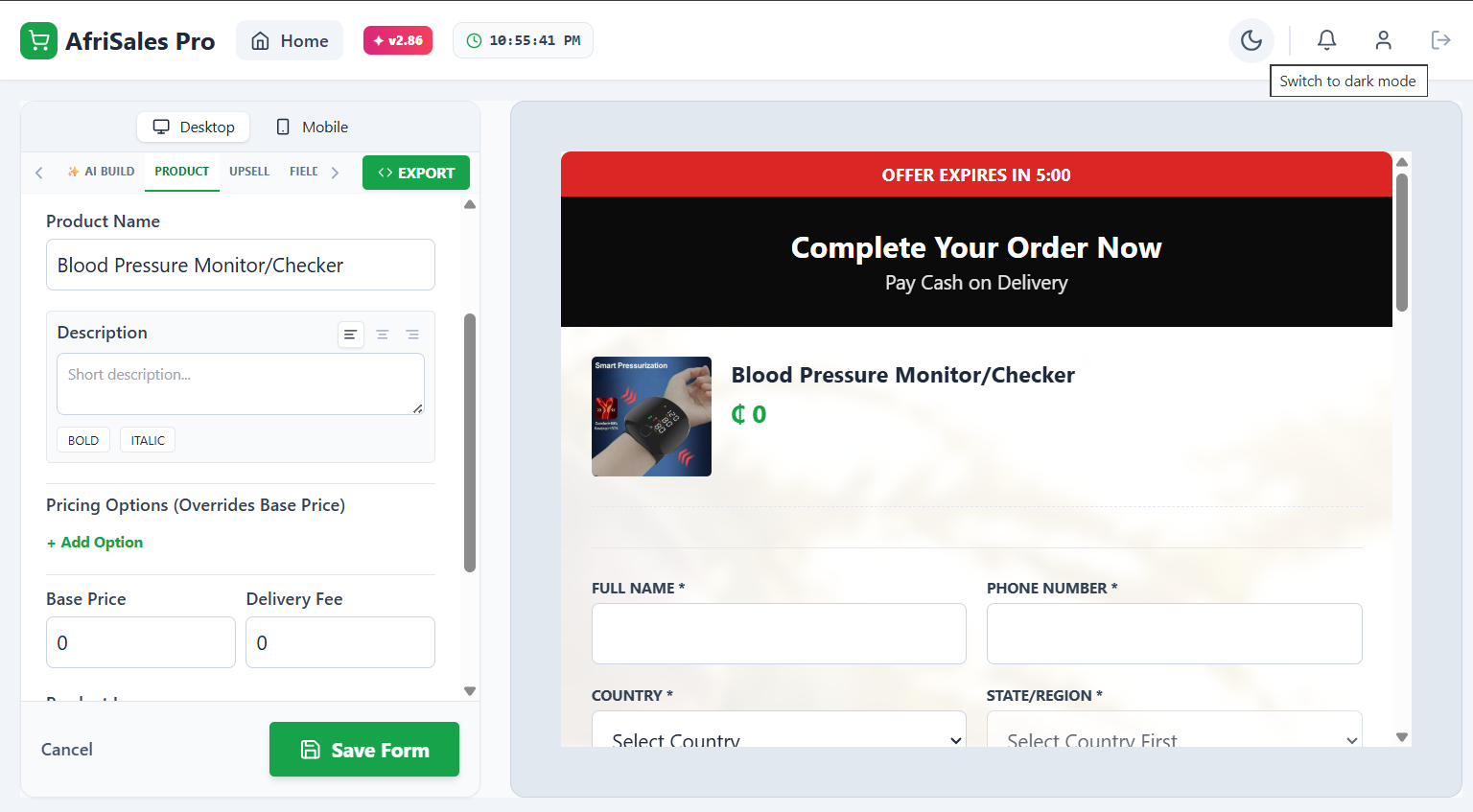 AfriSales Pro order form builder — light mode, with live preview