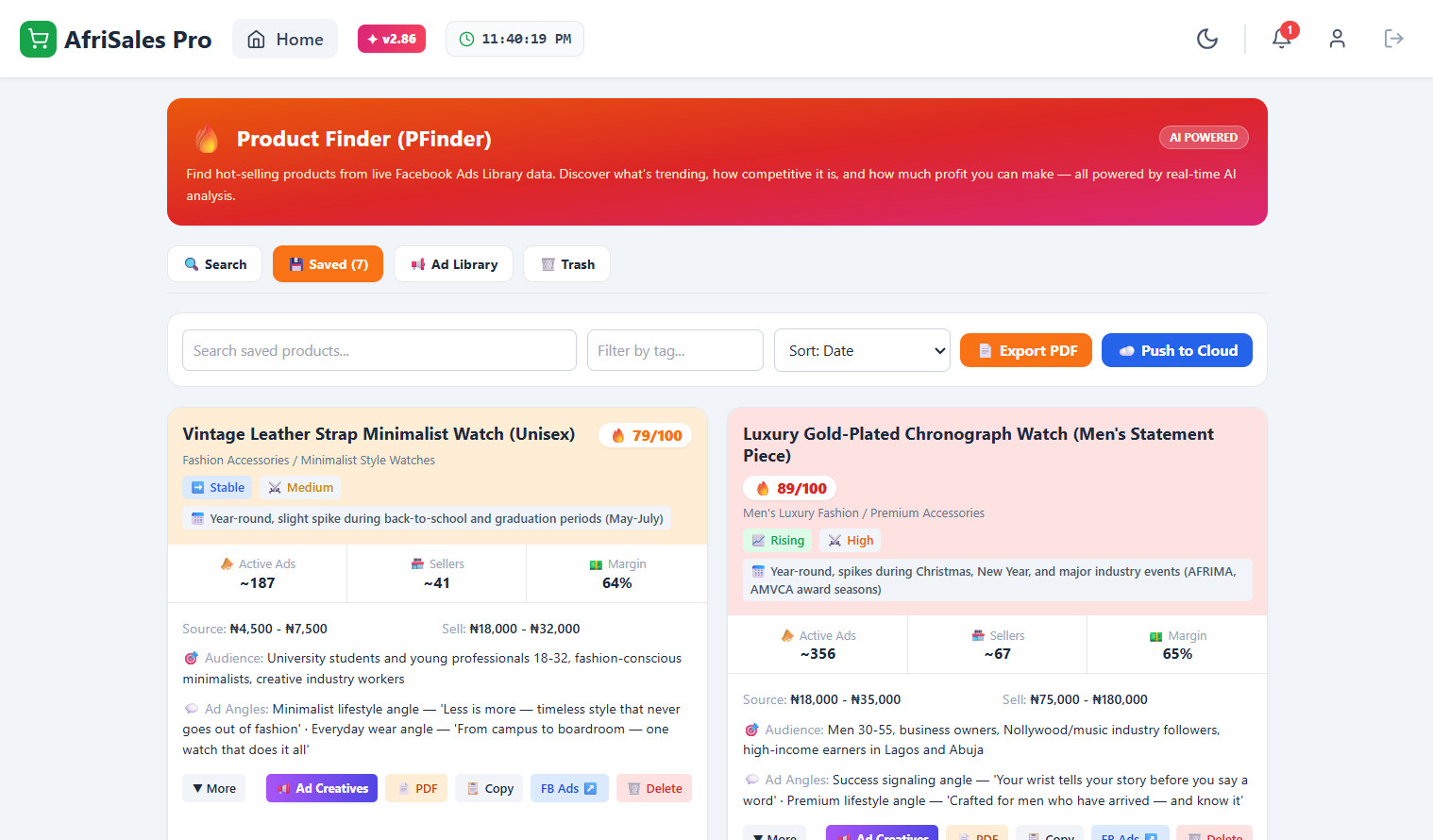 AfriSales Pro PFinder — AI-powered winning product research results