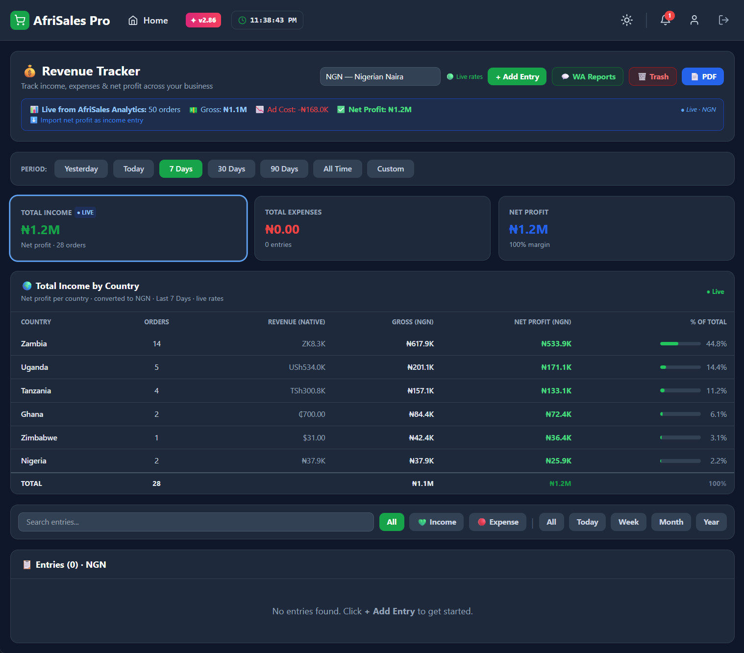 AfriSales Pro revenue tracker — multi-currency income by country